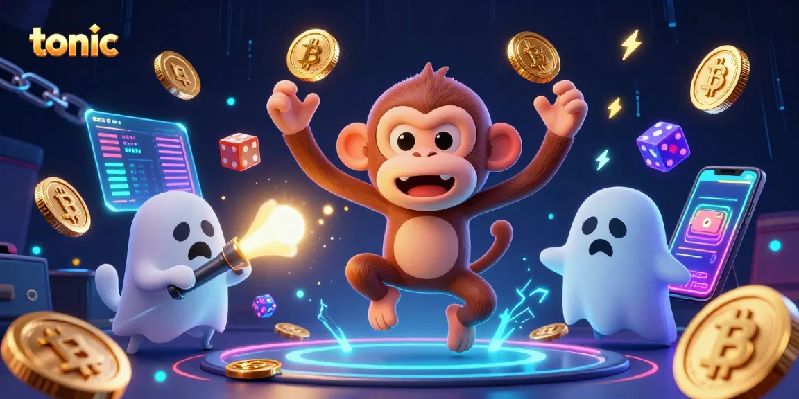 Tonic casino scene featuring a mischievous monkey juggling coins and a curious puppy with a flashlight