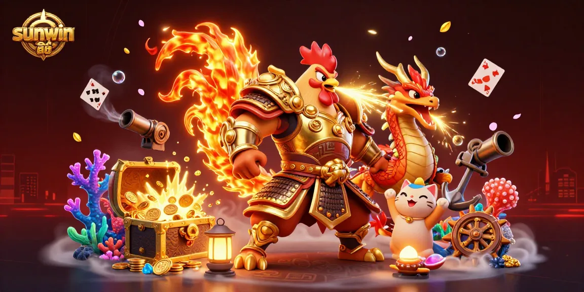 Engage in the thrill of sunwin tải with a cartoon warrior and dragon amidst vibrant casino treasures.