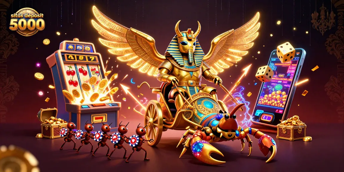 Play and win on situs deposit 5000, featuring a dynamic casino-themed illustration with characters, slot machines, and dice.