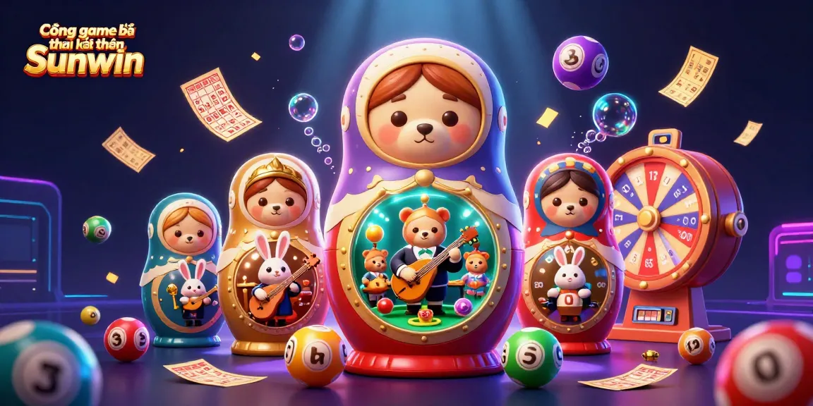 Cổng game bài đổi thưởng Sunwin showcases an energetic 3D scene with a Matryoshka bear and casino elements.