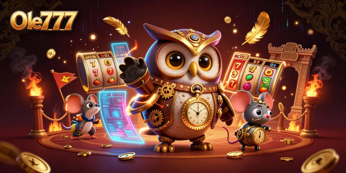 Experience the thrill of Ole777 with a vibrant 3D casino scene featuring steampunk characters and dynamic game elements.
