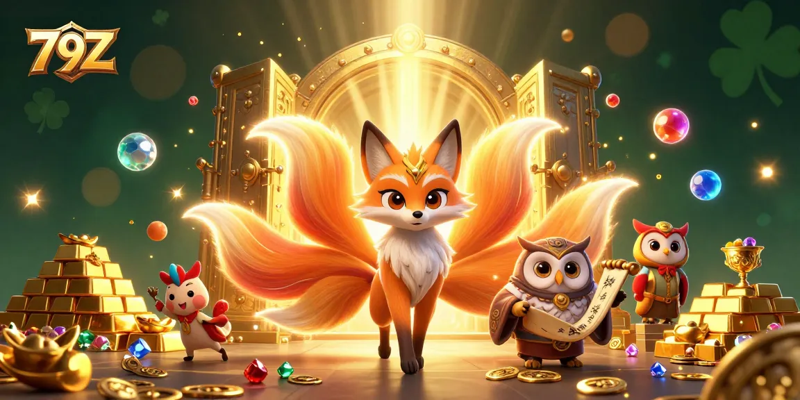 Experience gambling excitement at 79Z with a vibrant scene of a glowing fox spirit and wealth bursting from a treasure vault.