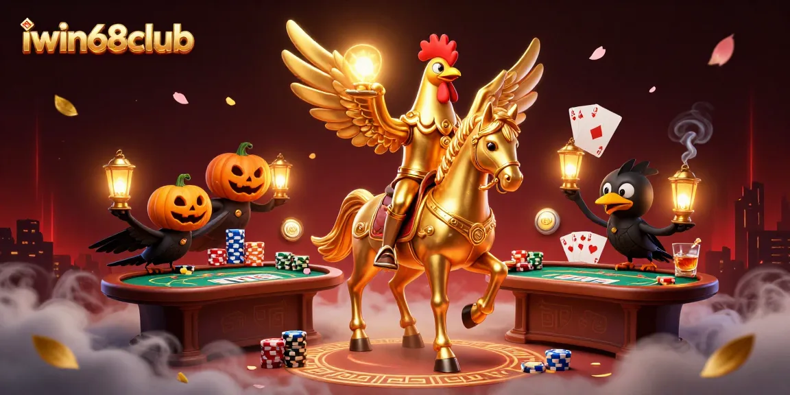 Engage in excitement at iwin68club with a vibrant casino scene featuring a headless horseman and golden rooster.