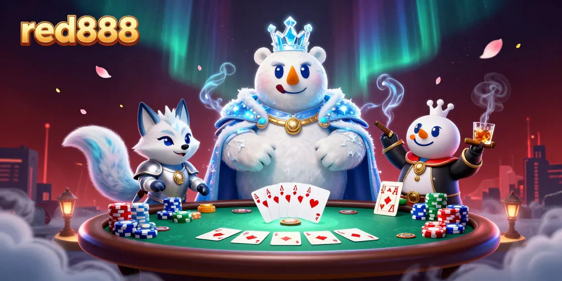 Engage in thrilling poker action with red888's charismatic polar bear and snow fox in action.