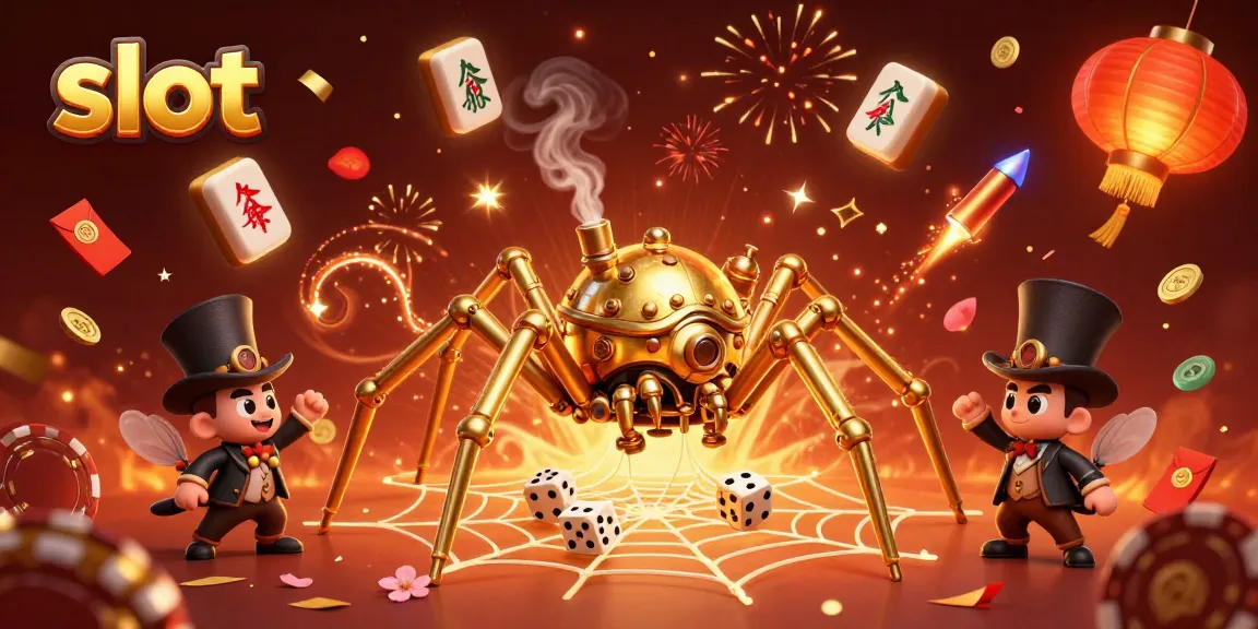Engage with exciting slot games featuring a steampunk spider and Victorian fly gentleman in a vibrant casino setting.