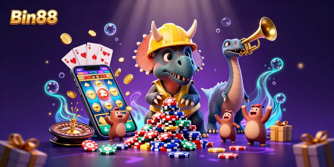Bin88 showcases a lively casino scene with characters celebrating poker wins and slot games.