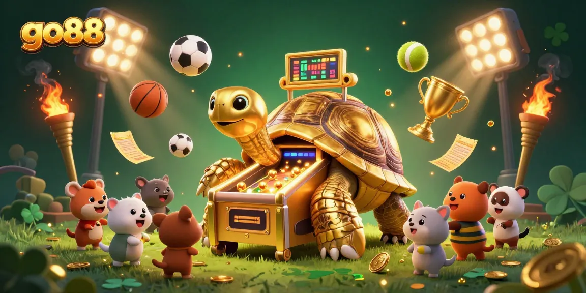 Experience exciting gaming at go88 with a vibrant illustration featuring a golden tortoise pinball machine, sports elements, and engaging characters.