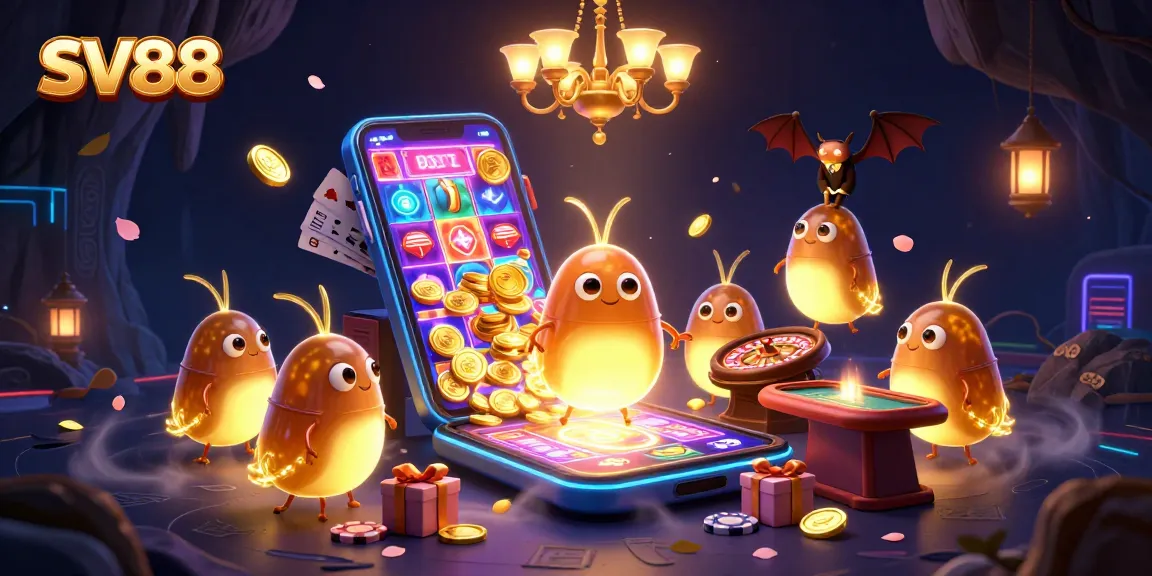 SV88 casino scene animated by glowworms and a bat dealer, showcasing exciting slot action.