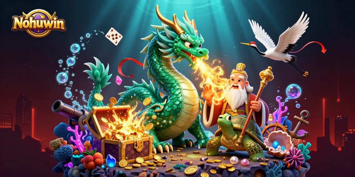 Nohuwin's vibrant 3D illustration showcases a jade dragon, turtle sage, and lucky cranes in a rich casino setting.