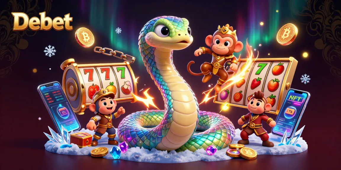 Spin to win with Debet in this colorful casino scene showcasing vibrant gaming elements and characters.