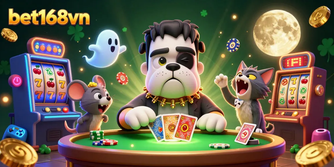 Experience the thrill of bet168vn with a 3D cartoon scene featuring gaming characters at a spooky casino table.