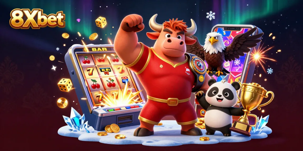 8Xbet brings thrilling slot games alive with a dynamic 3D scene featuring lucky symbols and energetic characters.