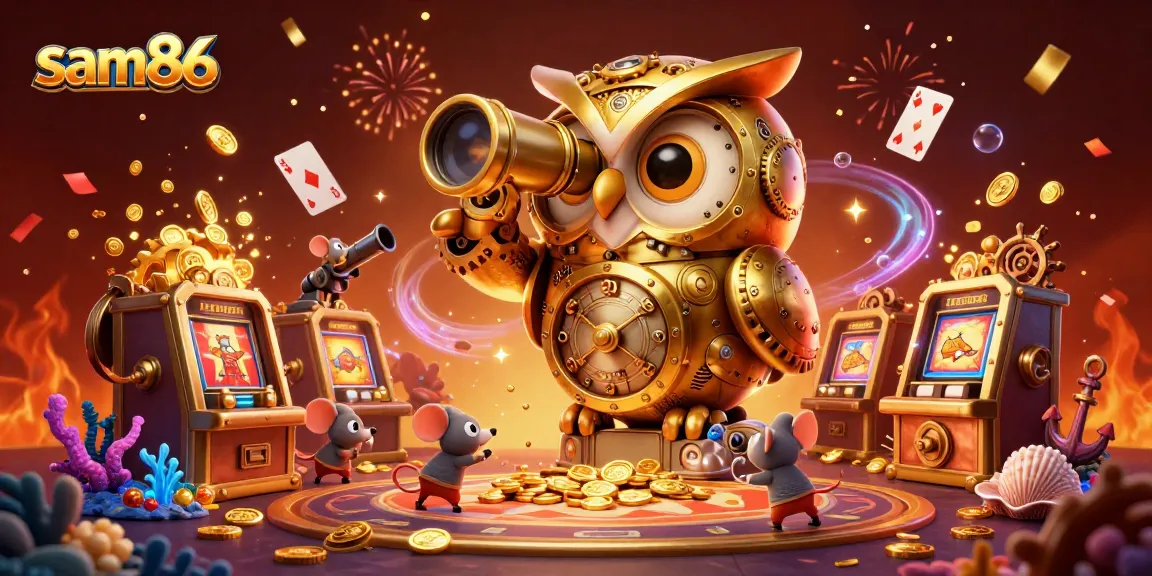 Experience thrilling gameplay at sam86 with a massive golden owl overseeing dazzling casinos.