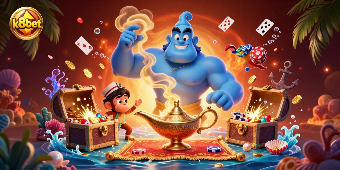 Experience thrilling gaming adventures at k8bet with a vibrant scene featuring a genie and treasures.