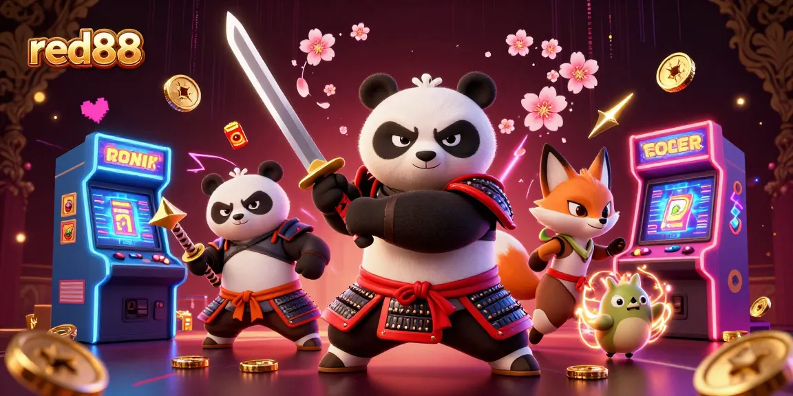 Engage with the excitement of red88 as a fierce samurai panda joins a ninja fox in a vibrant casino setting.
