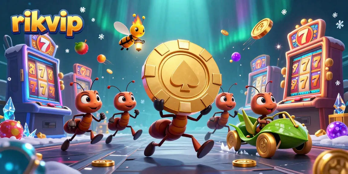 Ants perform a heist with a giant poker chip in front of rikvip slot machines, creating an exciting casino scene.