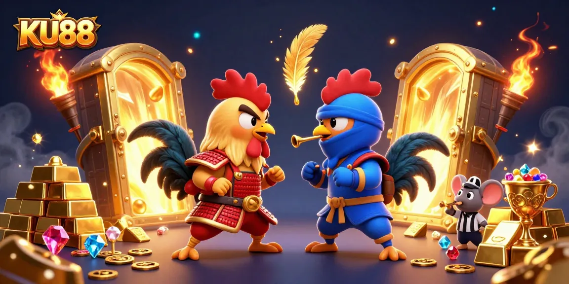 Witness the dramatic showdown at KU88 with roosters in battle gear amid treasures