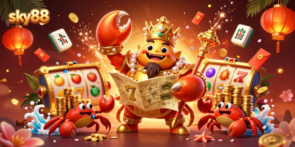 Engage with sky88 in a vibrant casino scene featuring a golden crab emperor and thrilling gaming elements.