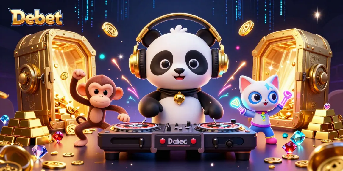 Engage with Debet's vibrant casino world featuring DJ panda, dancing monkey, and glowing kitten!