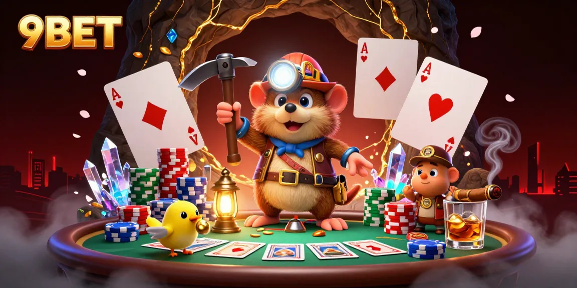 Experience thrilling wins with 9BET while a treasure hunter mole plays poker in a vibrant scene.