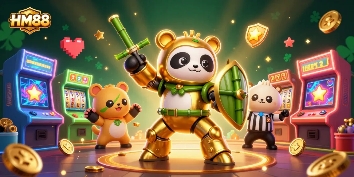 Experience the thrill of HM88 with vibrant symbols and dynamic characters in this 3D casino illustration.
