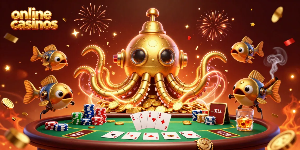 Experience thrilling moments at online casinos with a vibrant 3D illustration featuring a kraken submarine and poker elements.