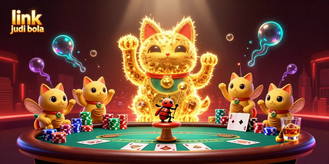 Engage in betting with link judi bola as golden fireflies form lucky cat symbols in a vibrant gaming scene.