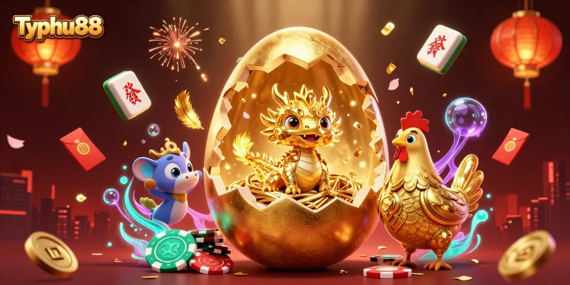 Typhu88 showcases an imaginative scene with a dazzling golden dragon and poker chips, symbolizing winning strategies.