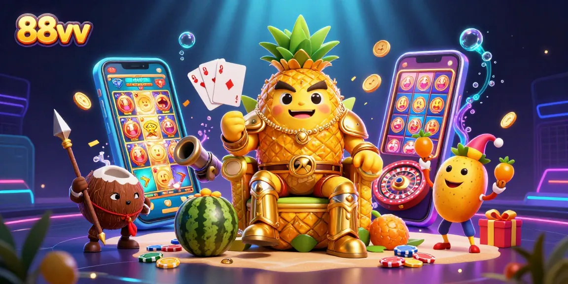 Engage with 88vv casino's vibrant atmosphere featuring 3D golden pineapple king and lively gambling elements.