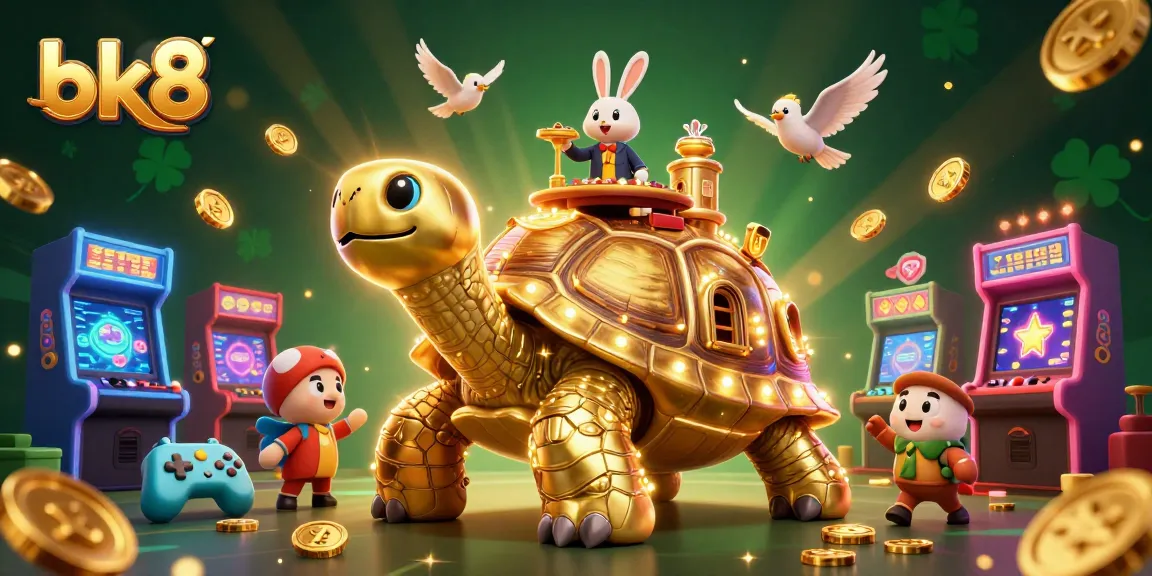 Experience thrilling games at bk8 with a vibrant casino scene showcasing a golden tortoise and dealer.