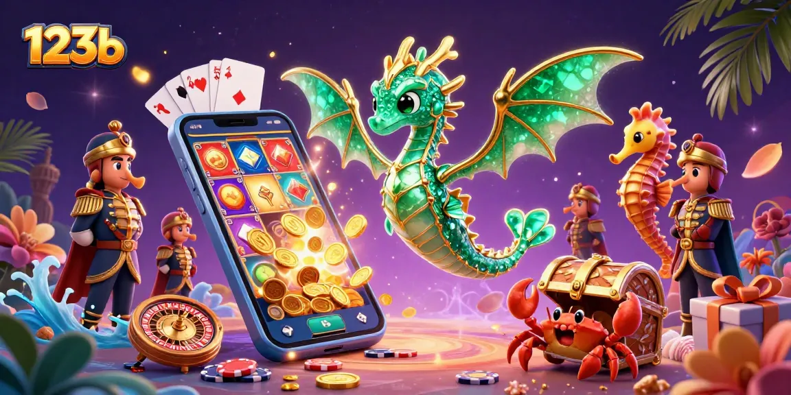 Engage with 123b through vibrant 3D casino scene depicting a dragon, treasure, and slot gaming.