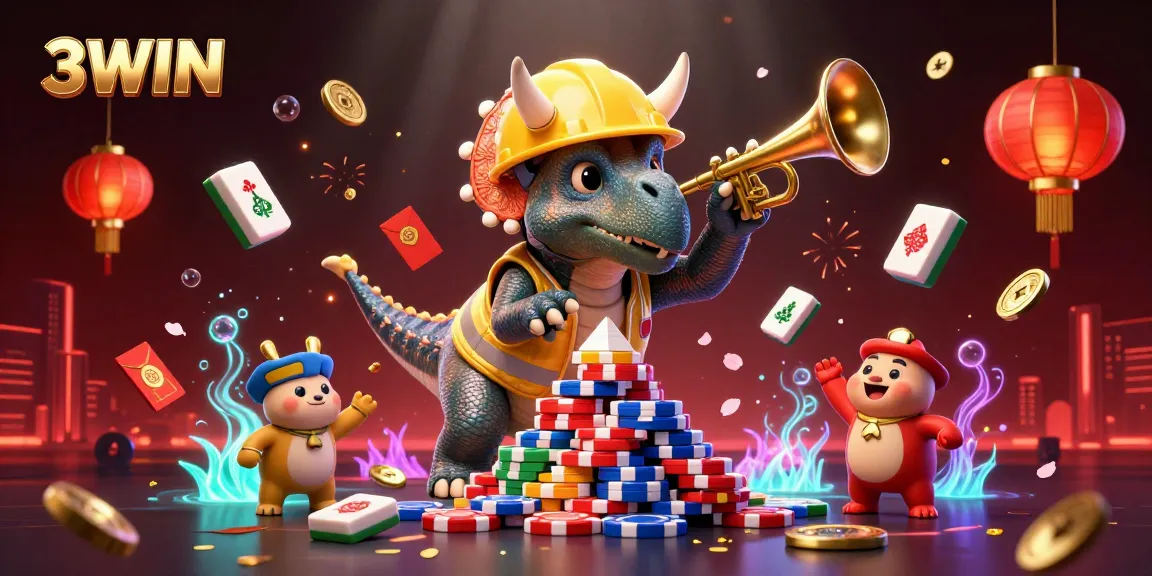 Celebrate big wins at 3WIN with a lively scene featuring a triceratops and poker elements.