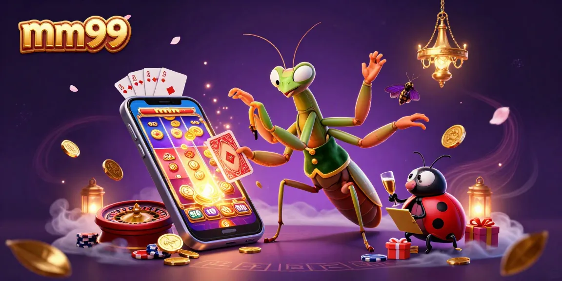 Experience thrilling gameplay at mm99 with a vibrant casino scene featuring a praying mantis dealer and exciting game elements.