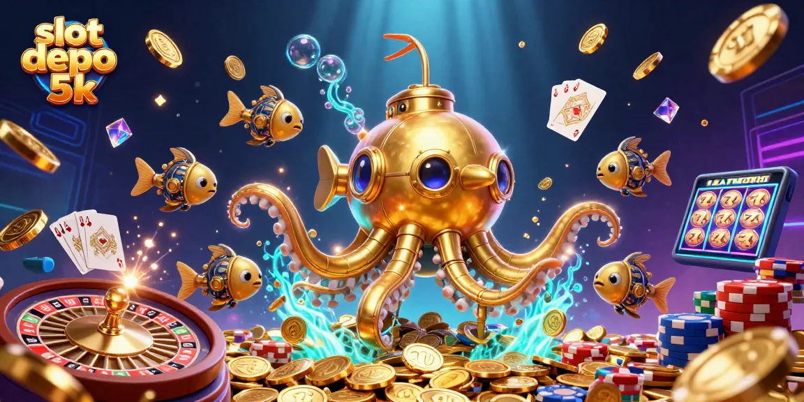 Experience the excitement of slot depo 5k with golden kraken submarine amidst coins and treasures.