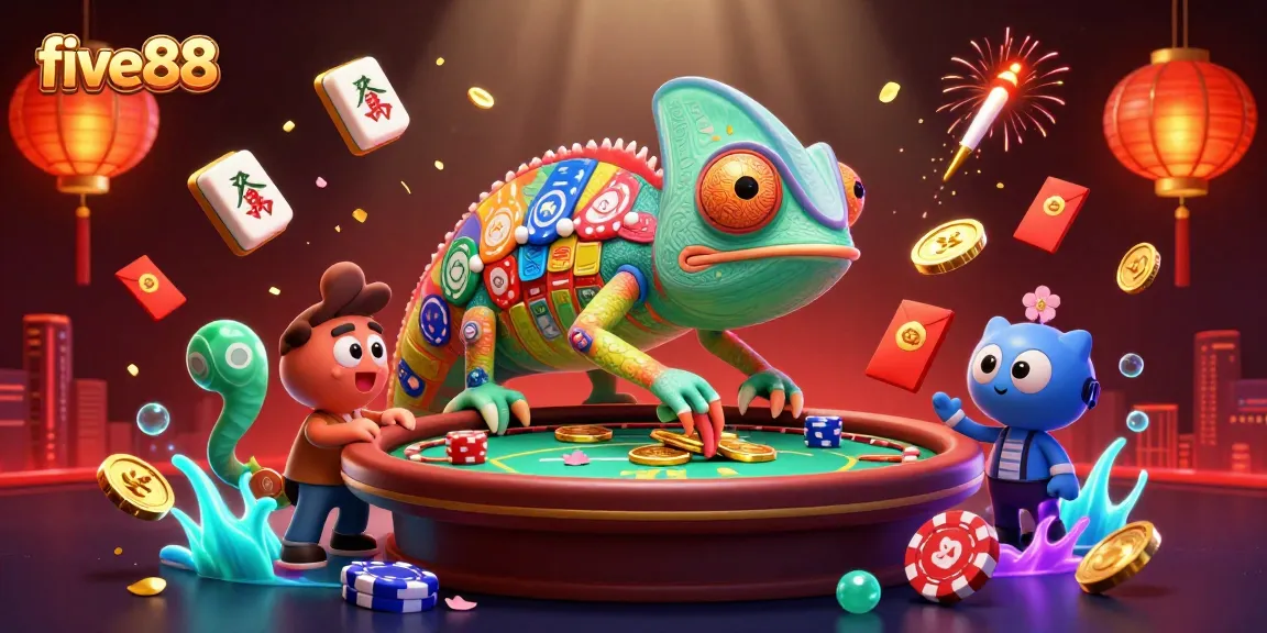 Experience the vibrant gaming world of five88 with a chameleon casino owner capturing golden coins.
