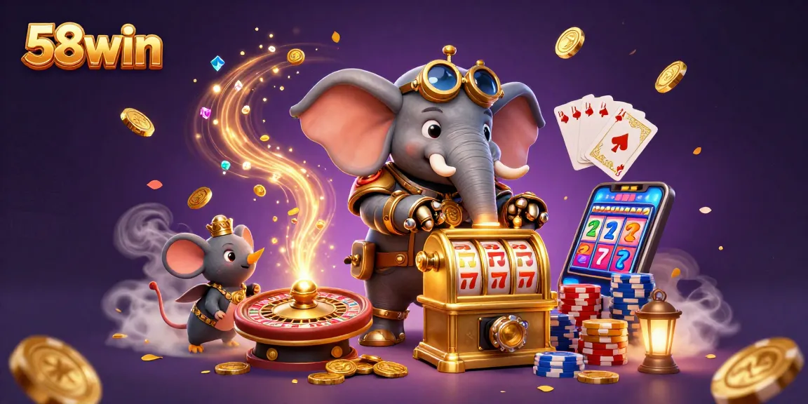 Engage with 58win through a vibrant steampunk casino scene with animated slots and dazzling prizes.